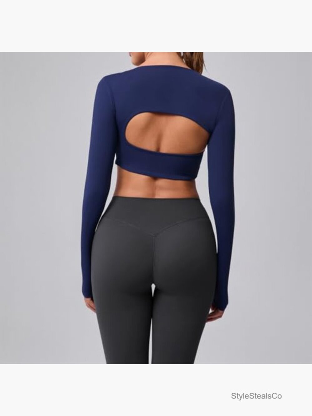 Square Neck Long Sleeve Crop Top with Built in Bra Cutout Back - Picture 2 of 7